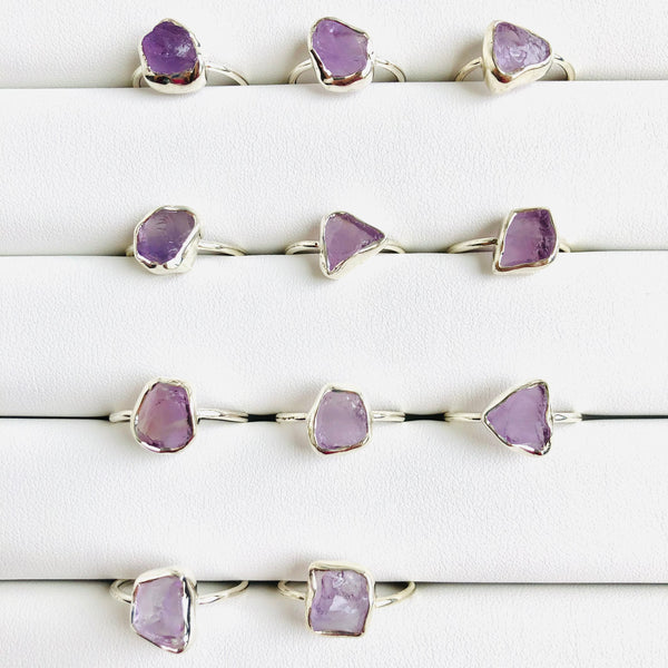 Fine Raw Amethyst Gemstone Ring in 925 Sterling Silver