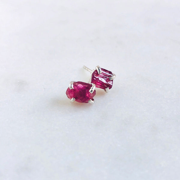 Raw Pink Tourmaline Stud Earrings in 925 Sterling Silver - Crystal Of A Kind