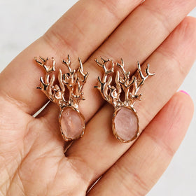 Raw Rose Quartz Coral Earrings in Rose Gold - Crystal Of A Kind