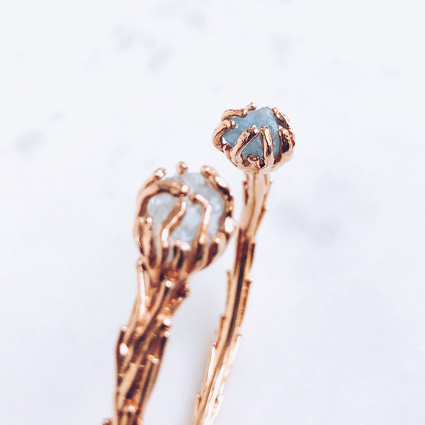 Raw Aquamarine Coral Reef Bangle in Rose Gold - Crystal Of A Kind