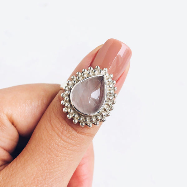 Rose Quartz Solaris Teardrop Ring in 925 Sterling Silver - Crystal Of A Kind