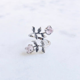 Raw Rose Quartz Leaves Ring in Silver - Crystal Of A Kind