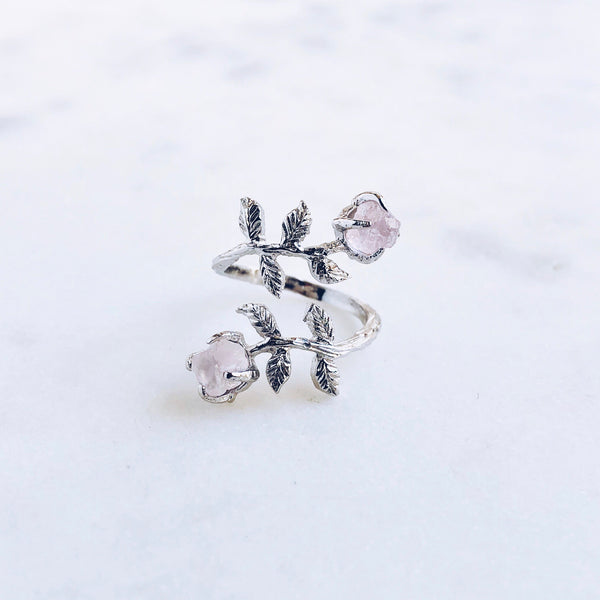Raw Rose Quartz Leaves Ring in Silver - Crystal Of A Kind