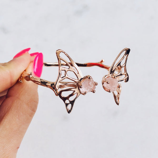 Raw Rose Quartz Butterfly Bangle in Rose Gold - Crystal Of A Kind