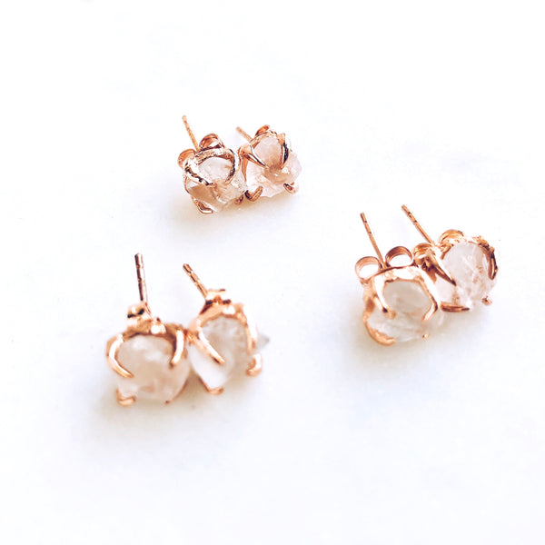 Raw White Topaz Stud Earrings in Rose Gold - Crystal Of A Kind