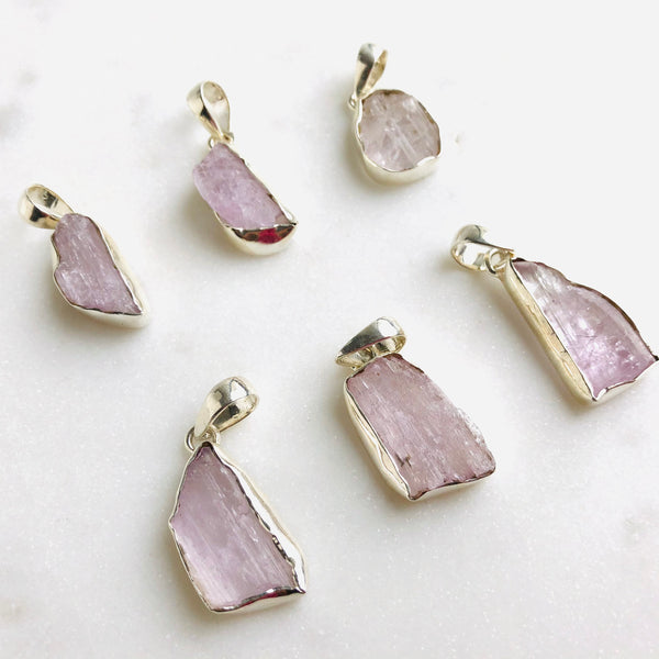 Raw Kunzite Pendant in 925 Sterling Silver