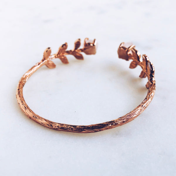 Raw Rose Quartz Leaves Bangle in Rose Gold - Crystal Of A Kind