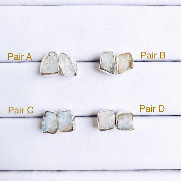 Raw Moonstone Stud Earrings in 925 Sterling Silver - Crystal Of A Kind