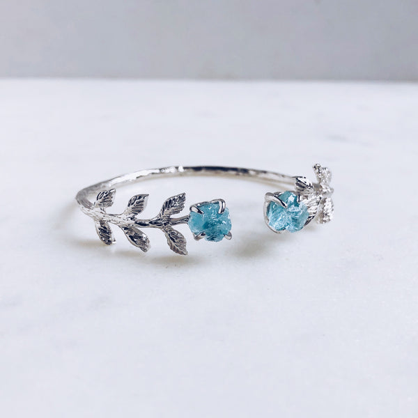 Raw Aquamarine Leaves Bangle in Silver - Crystal Of A Kind