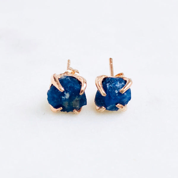 Raw Sapphire Stud Earrings in Rose Gold - Crystal Of A Kind