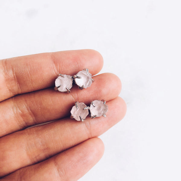Raw Rose Quartz Stud Earrings in Silver - Crystal Of A Kind