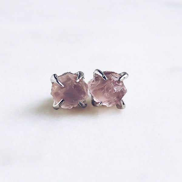 Raw Rose Quartz Stud Earrings in Silver - Crystal Of A Kind