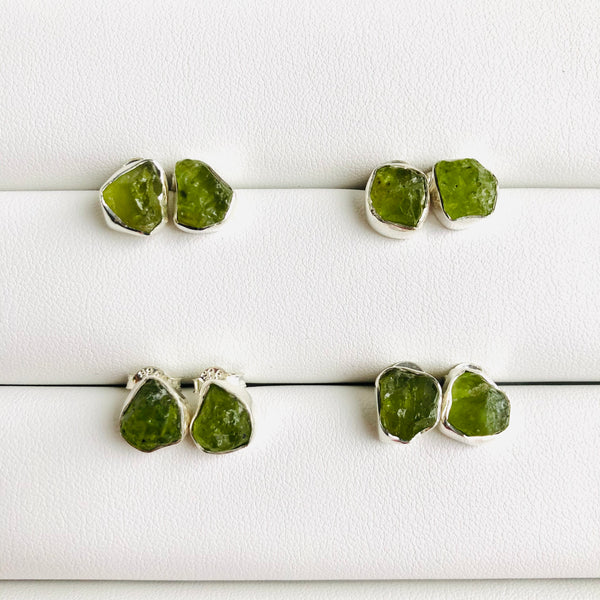 Raw Peridot Stud Earrings in 925 Sterling Silver - Crystal Of A Kind