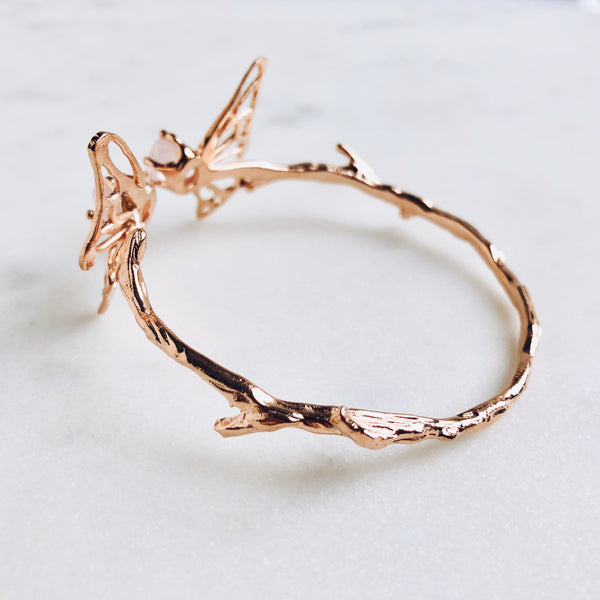 Raw Rose Quartz Butterfly Bangle in Rose Gold - Crystal Of A Kind