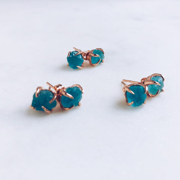 Raw Apatite Stud Earrings in Rose Gold - Crystal Of A Kind