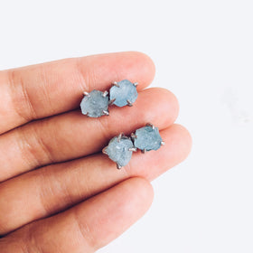 Raw Aquamarine Stud Earrings in Silver - Crystal Of A Kind
