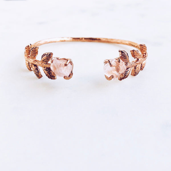 Raw Rose Quartz Leaves Bangle in Rose Gold - Crystal Of A Kind