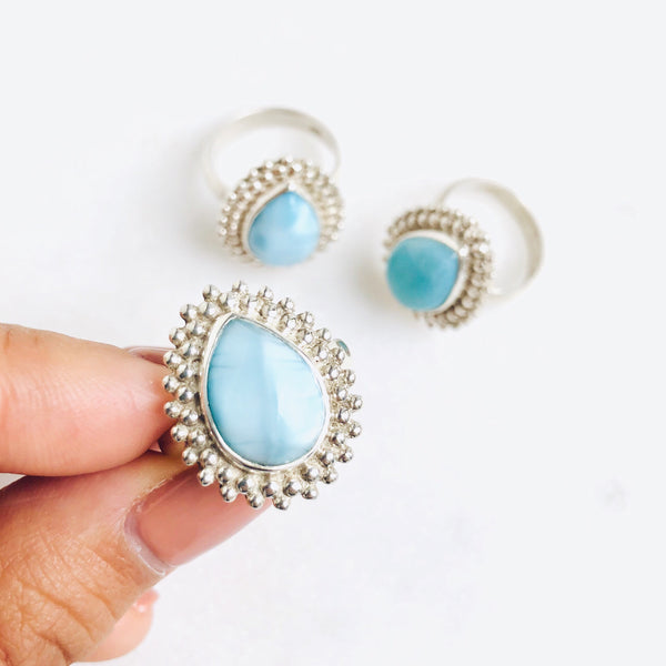 Larimar Solaris Teardrop Ring in 925 Sterling Silver - Crystal Of A Kind