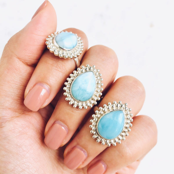 Larimar Solaris Teardrop Ring in 925 Sterling Silver - Crystal Of A Kind