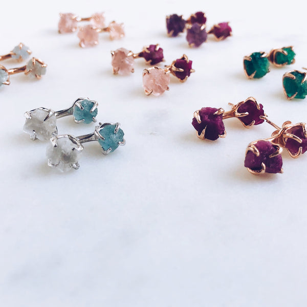 Raw Rose Quartz Dual Stud Earrings in Rose Gold - Crystal Of A Kind