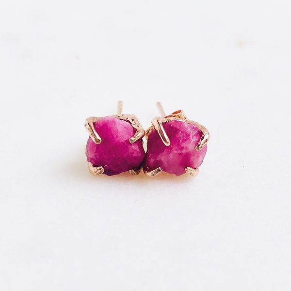 Raw Ruby Stud Earrings in Rose Gold - Crystal Of A Kind