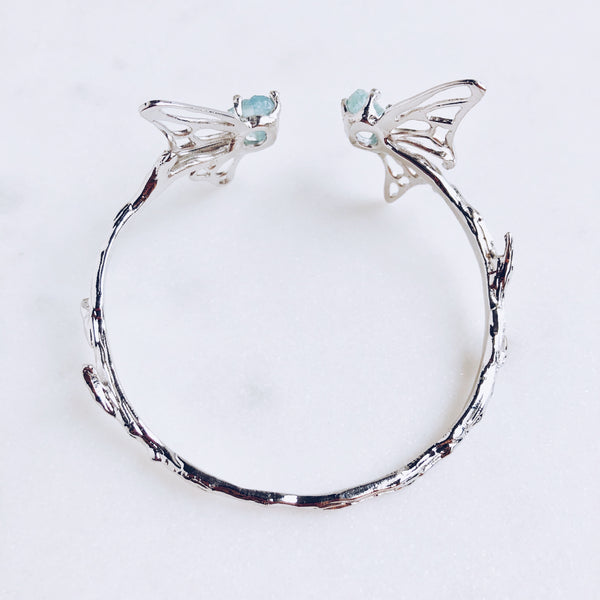 Raw Aquamarine Butterfly Bangle in Silver - Crystal Of A Kind