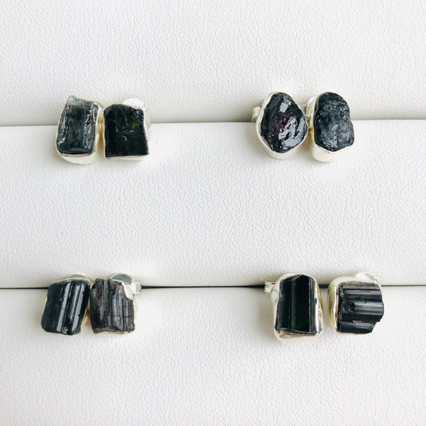 Raw Black Tourmaline Stud Earrings in 925 Sterling Silver