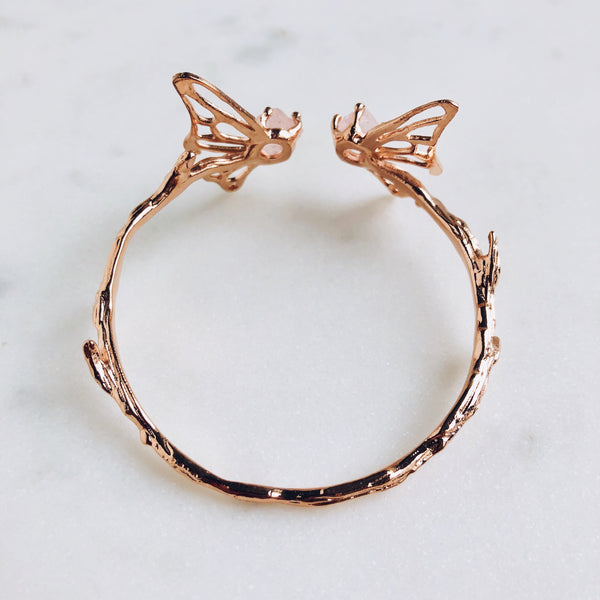 Raw Rose Quartz Butterfly Bangle in Rose Gold - Crystal Of A Kind