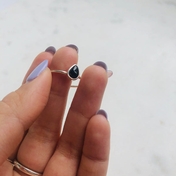 Black Tourmaline Teardrop Ring in 925 Sterling Silver - Crystal Of A Kind