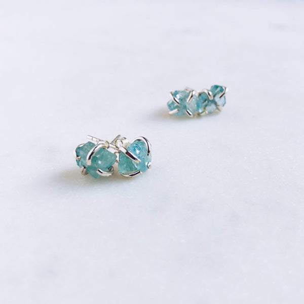 Raw Aquamarine Stud Earrings in 925 Sterling Silver - Crystal Of A Kind