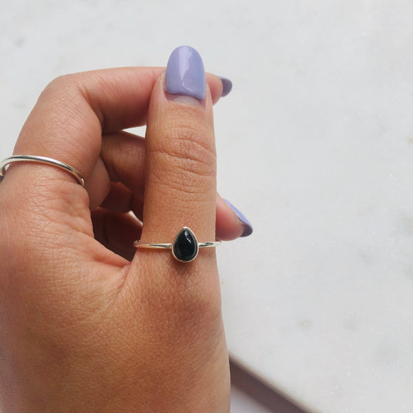 Black Tourmaline Teardrop Ring in 925 Sterling Silver - Crystal Of A Kind