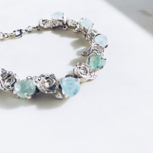 Raw Aquamarine Floral Bangle in Silver - Crystal Of A Kind