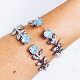 Raw Aquamarine Leaves Bangle in Silver - Crystal Of A Kind