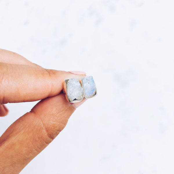 Raw Moonstone Stud Earrings in 925 Sterling Silver - Crystal Of A Kind