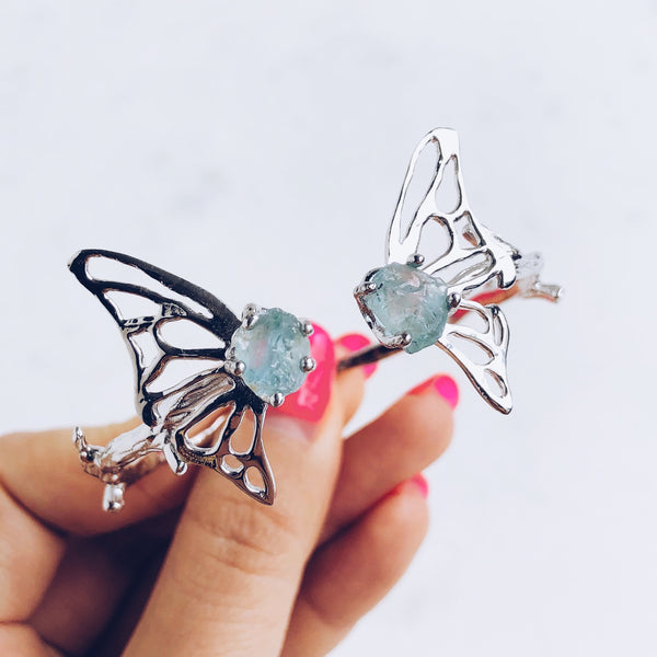 Raw Aquamarine Butterfly Bangle in Silver - Crystal Of A Kind