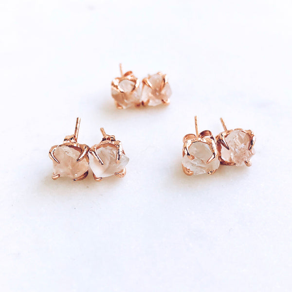 Raw White Topaz Stud Earrings in Rose Gold - Crystal Of A Kind