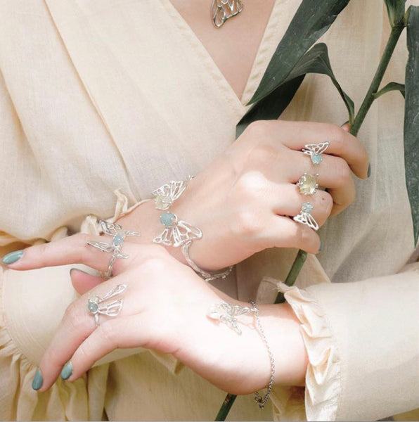 Raw Aquamarine Butterfly Bangle in Silver - Crystal Of A Kind