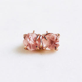 Raw Rose Quartz Stud Earrings in Rose Gold - Crystal Of A Kind