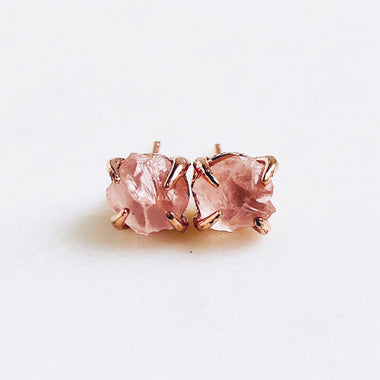 Raw Rose Quartz Stud Earrings in Rose Gold - Crystal Of A Kind