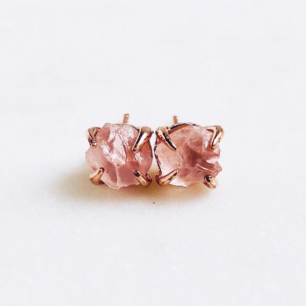 Raw Rose Quartz Stud Earrings in Rose Gold - Crystal Of A Kind