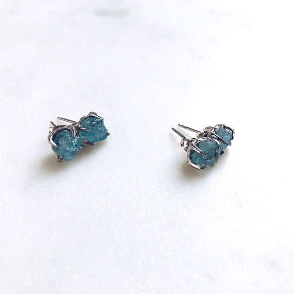 Raw Aquamarine Stud Earrings in Silver - Crystal Of A Kind
