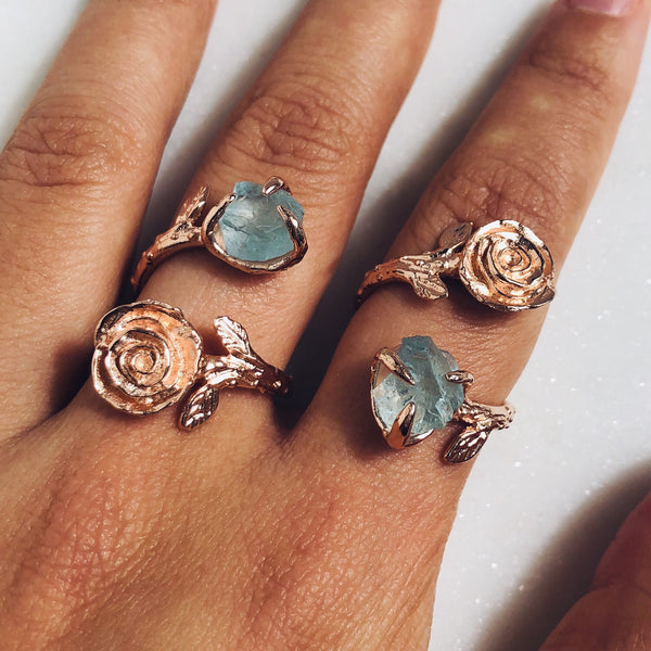 Raw Aquamarine Twisted Rose Ring in Rose Gold - Crystal Of A Kind