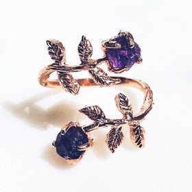 Raw Amethyst Twisted Leaves Ring in Rose Gold - Crystal Of A Kind