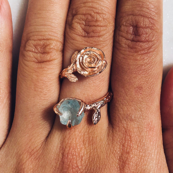 Raw Aquamarine Twisted Rose Ring in Rose Gold - Crystal Of A Kind