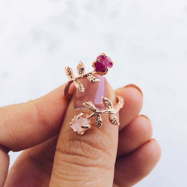 Raw Ruby Twisted Leaves Ring in Rose Gold - Crystal Of A Kind