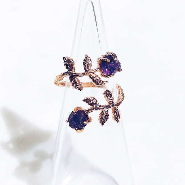 Raw Amethyst Twisted Leaves Ring in Rose Gold - Crystal Of A Kind