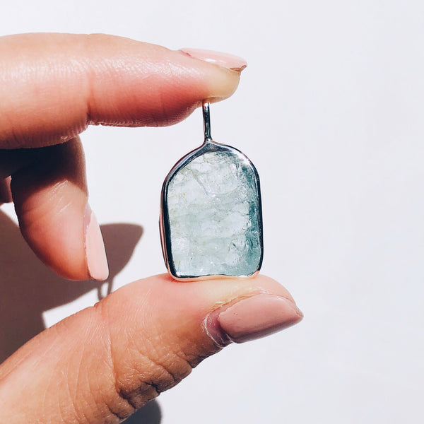 Raw Aquamarine Pendant in 925 Sterling Silver - Crystal Of A Kind