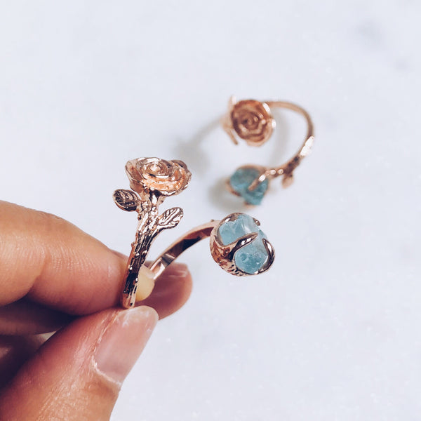 Raw Aquamarine Twisted Rose Ring in Rose Gold - Crystal Of A Kind