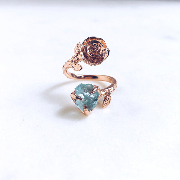 Raw Aquamarine Twisted Rose Ring in Rose Gold - Crystal Of A Kind