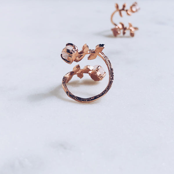 Raw Ruby Twisted Leaves Ring in Rose Gold - Crystal Of A Kind